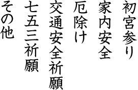 初宮参り　家内安全　厄除け　交通安全祈願　七五三祈願　その他